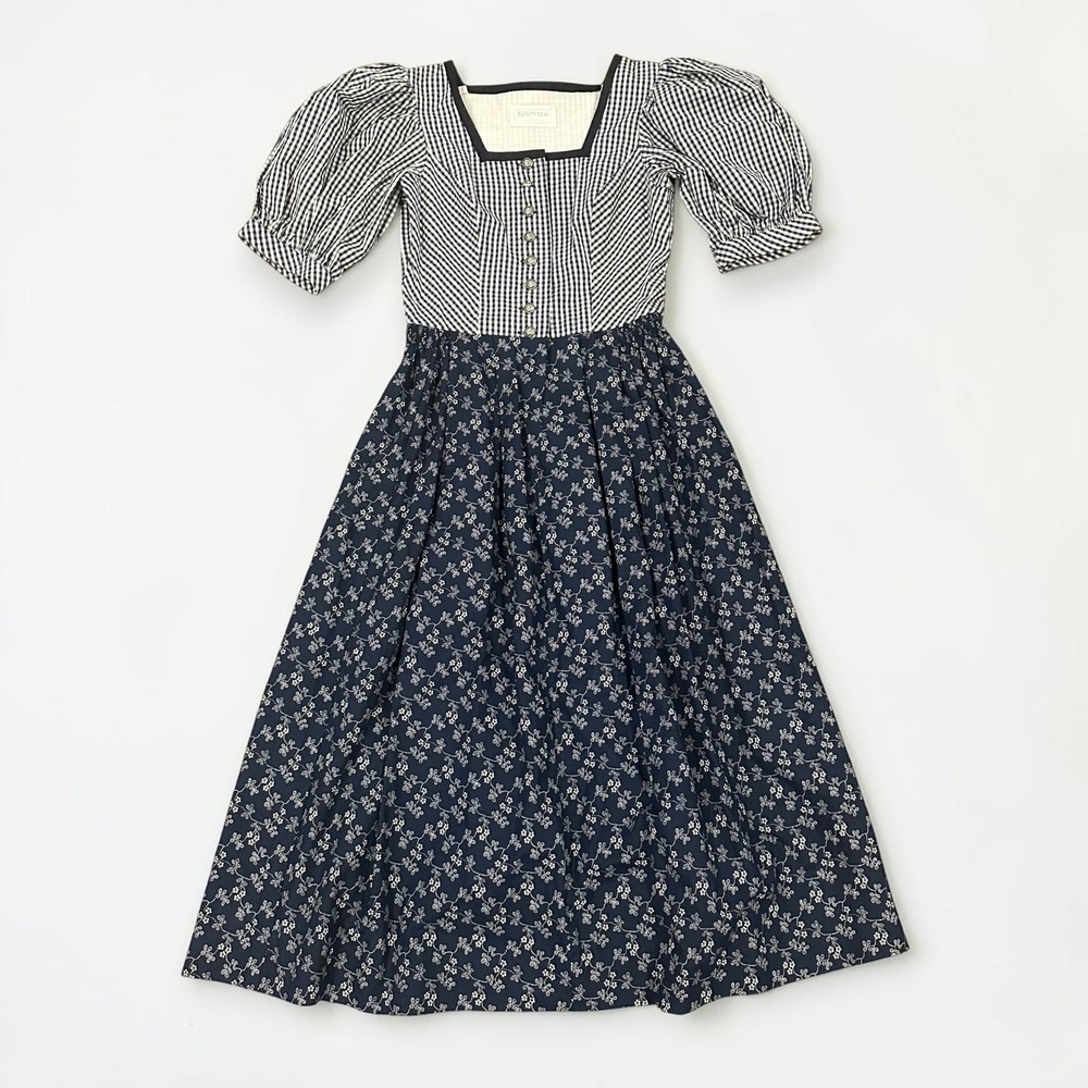 Sportalm Kitzbuhel Vintage Gingham Floral Midi Dirndl Dress Blue White 38 Womens